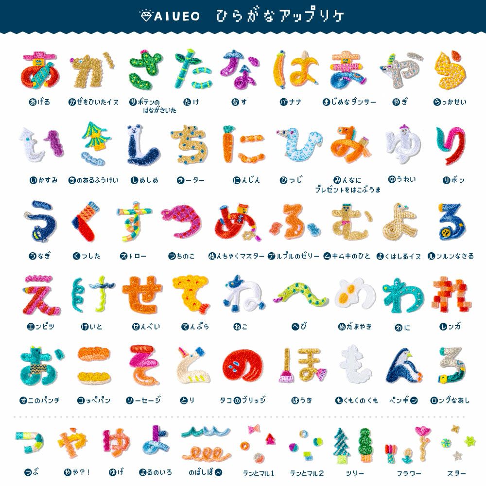 AIUEO ひらがな アップリケ/ワッペン 【あいうえおかきくけこ